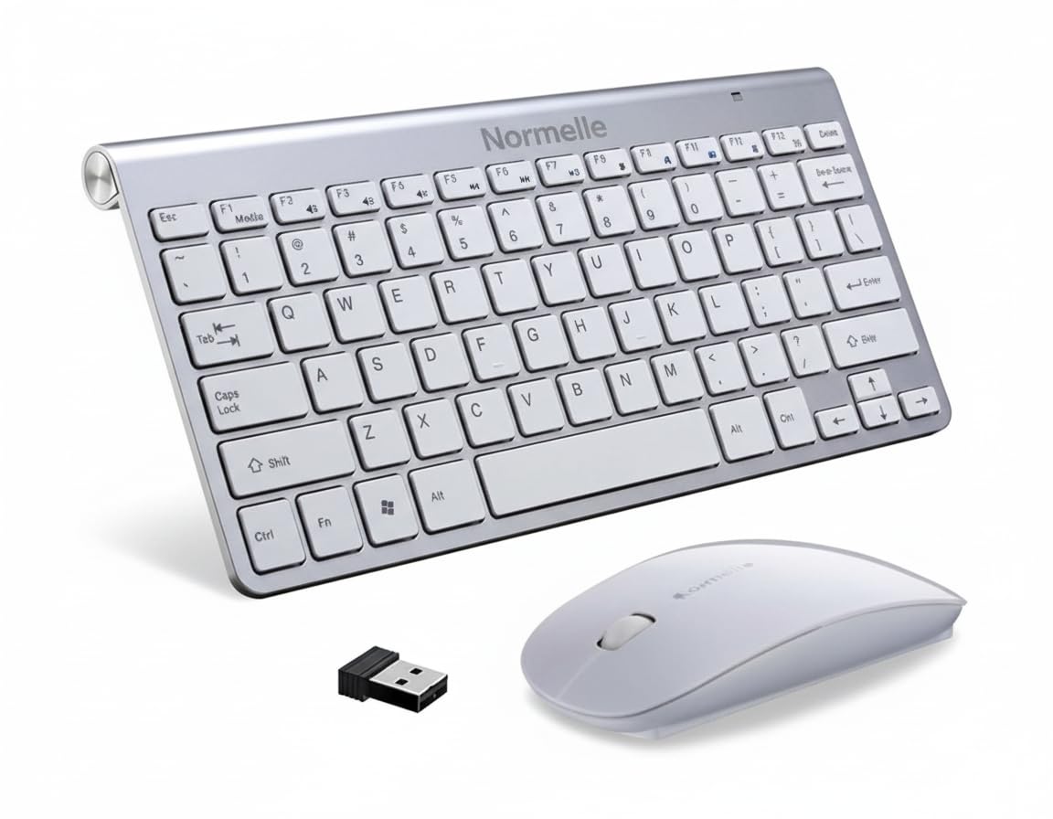 2.4GHz Wireless Keyboard and Mouse Combo Ultra Slim Portable Keyboard with USB Receiver Compatible with Laptop Desktop PC Mac Tablet Windows XP/Vista/7/8/10/11 Android OS – Silver White