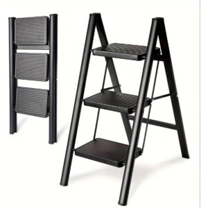 3 Step Ladder Aluminum Folding Step Stool/ 300 lb Capacity, Lightweight Portable Ladder with Wide Anti-Slip Pedals for Home Kitchen Office/Stylish Black, Safety Lock, Space-Saving Design