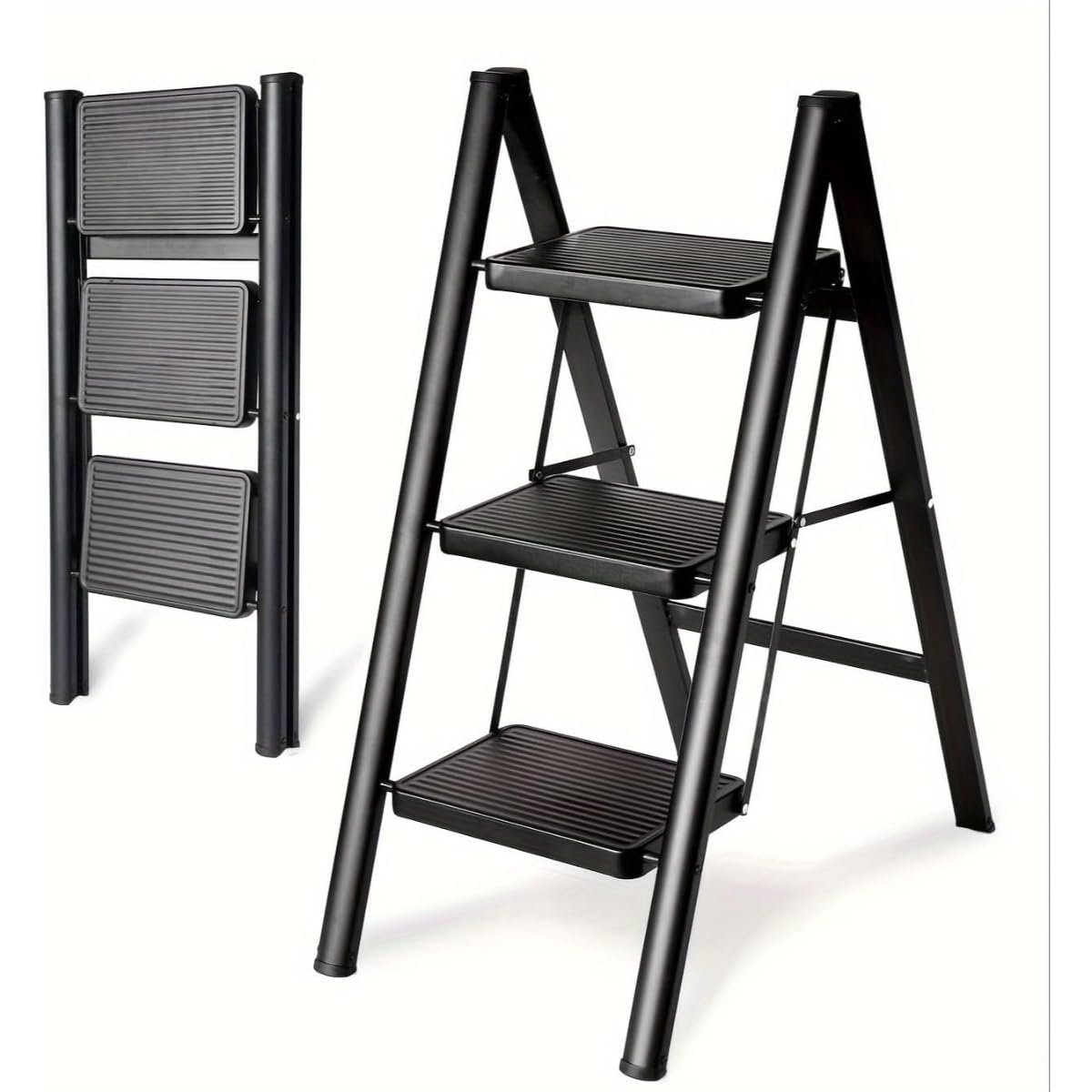 3 Step Ladder Aluminum Folding Step Stool/ 300 lb Capacity, Lightweight Portable Ladder with Wide Anti-Slip Pedals for Home Kitchen Office/Stylish Black, Safety Lock, Space-Saving Design