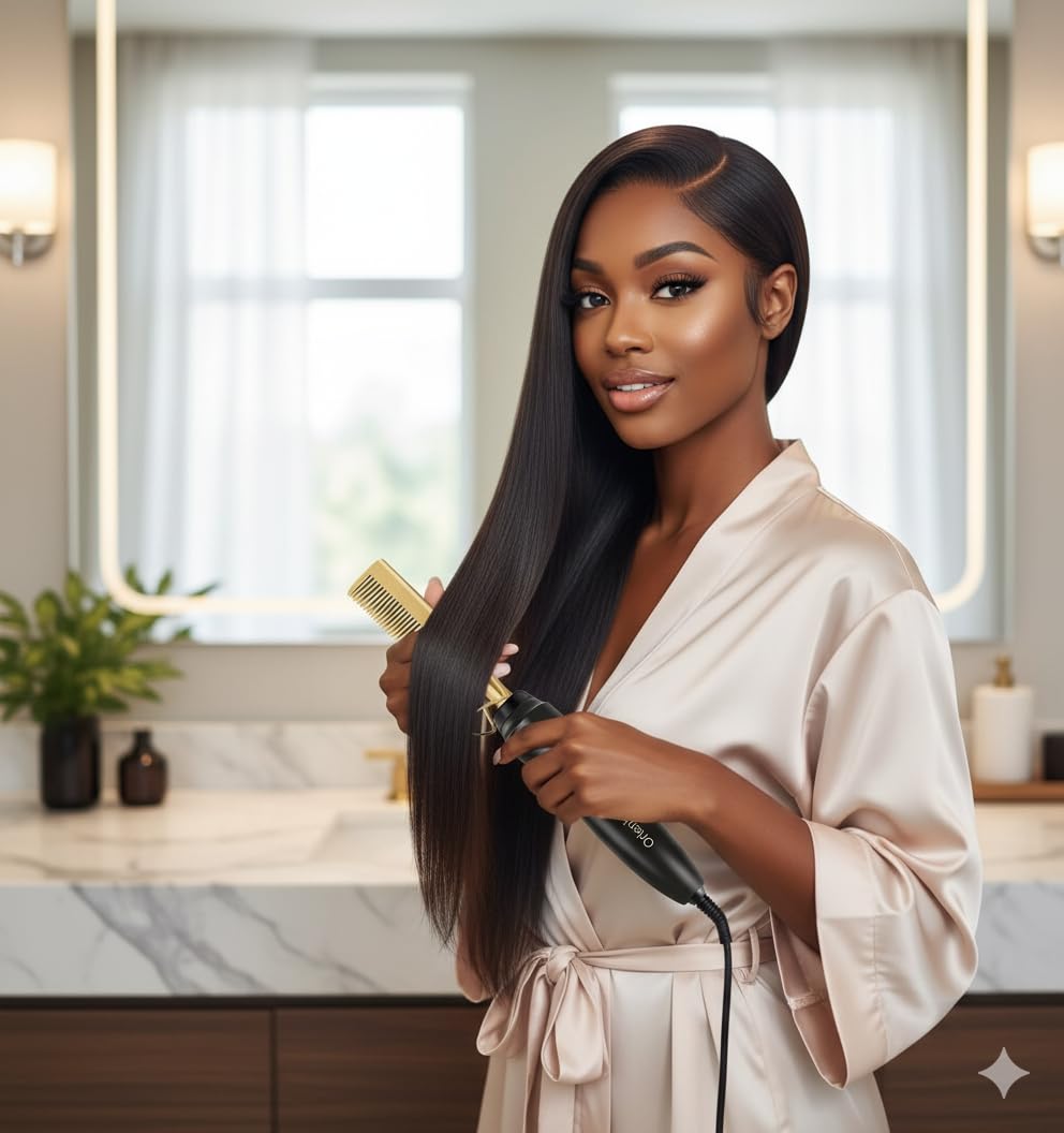 2 in 1 Hair Straightener and Curler Hot Comb, Wet and Dry Electric Styling Brush with Adjustable Temperature, Tourmaline Ceramic Heating, Dual Voltage, LCD Display, Auto Shut-Off, Gold - Image 2