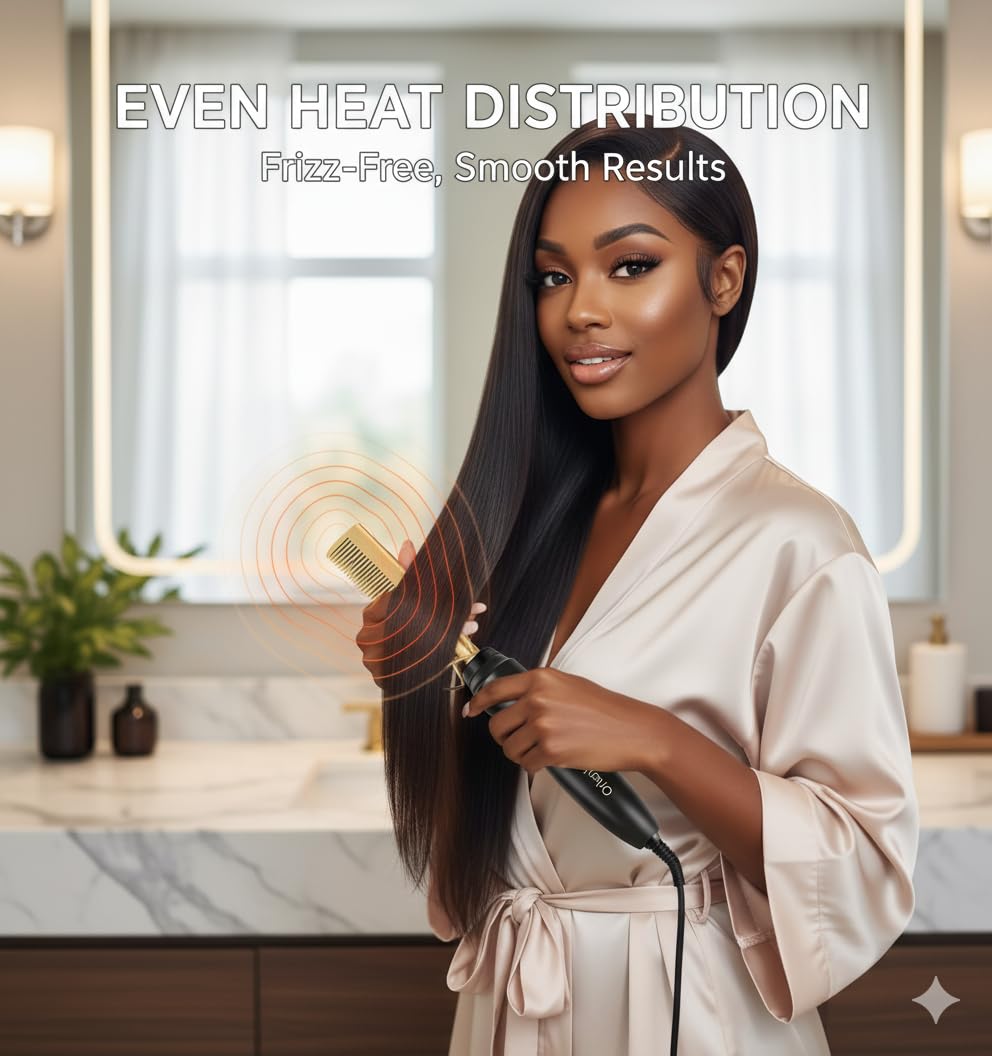 2 in 1 Hair Straightener and Curler Hot Comb, Wet and Dry Electric Styling Brush with Adjustable Temperature, Tourmaline Ceramic Heating, Dual Voltage, LCD Display, Auto Shut-Off, Gold - Image 3