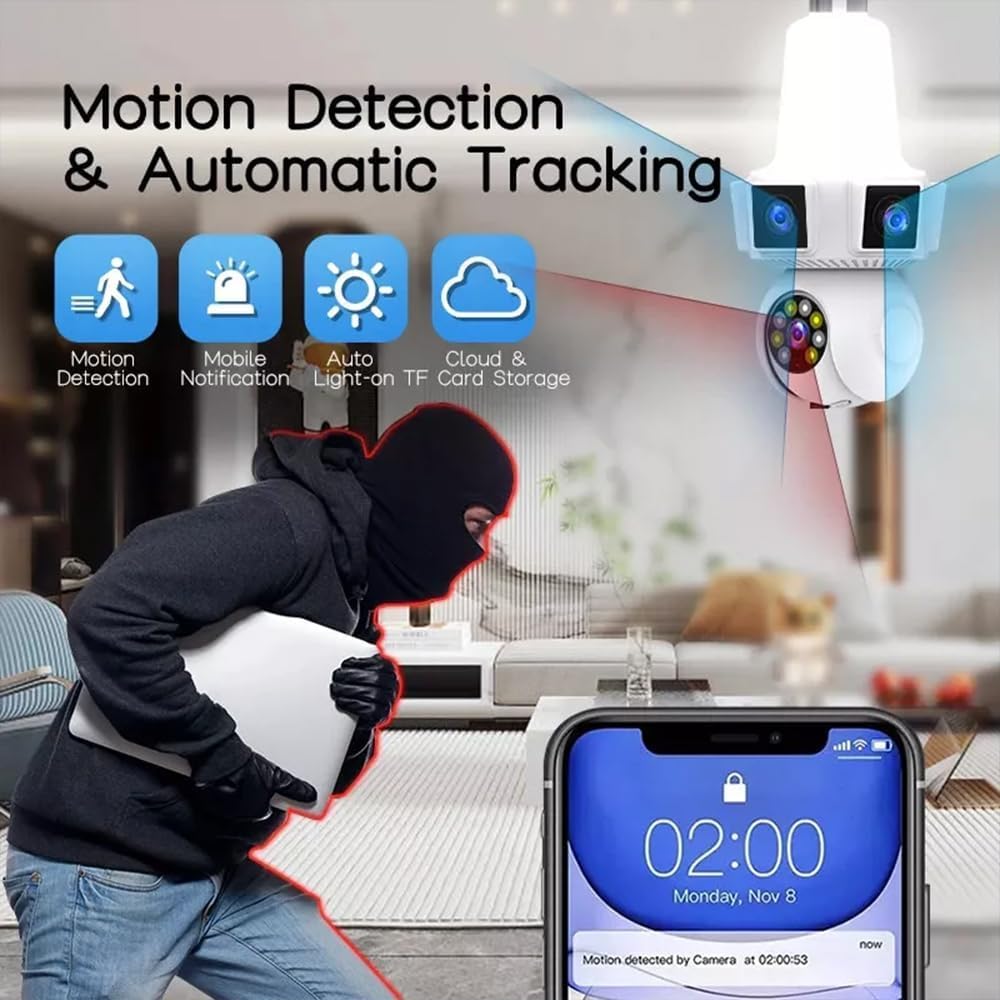 6MP Triple-Lens Wi-Fi Light Bulb Camera – 360° Panoramic Coverage, E27 Plug-In, Two-Way Audio, Color Night Vision, Motion Tracking with Audible Alarm, TF/Cloud Storage - Image 4