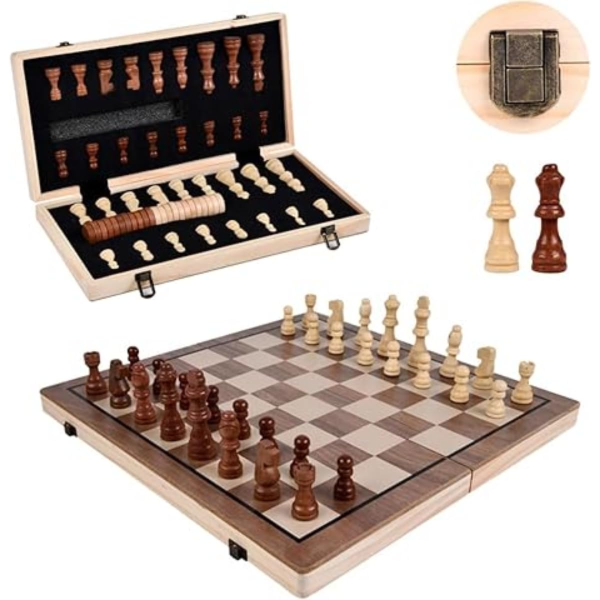 Chess Set – Wooden Folding Magnetic Chess Board Game with Handcrafted Staunton Pieces, Portable Storage Case, and Extra Queens for Kids and Adults – Travel-Friendly and Durable Design