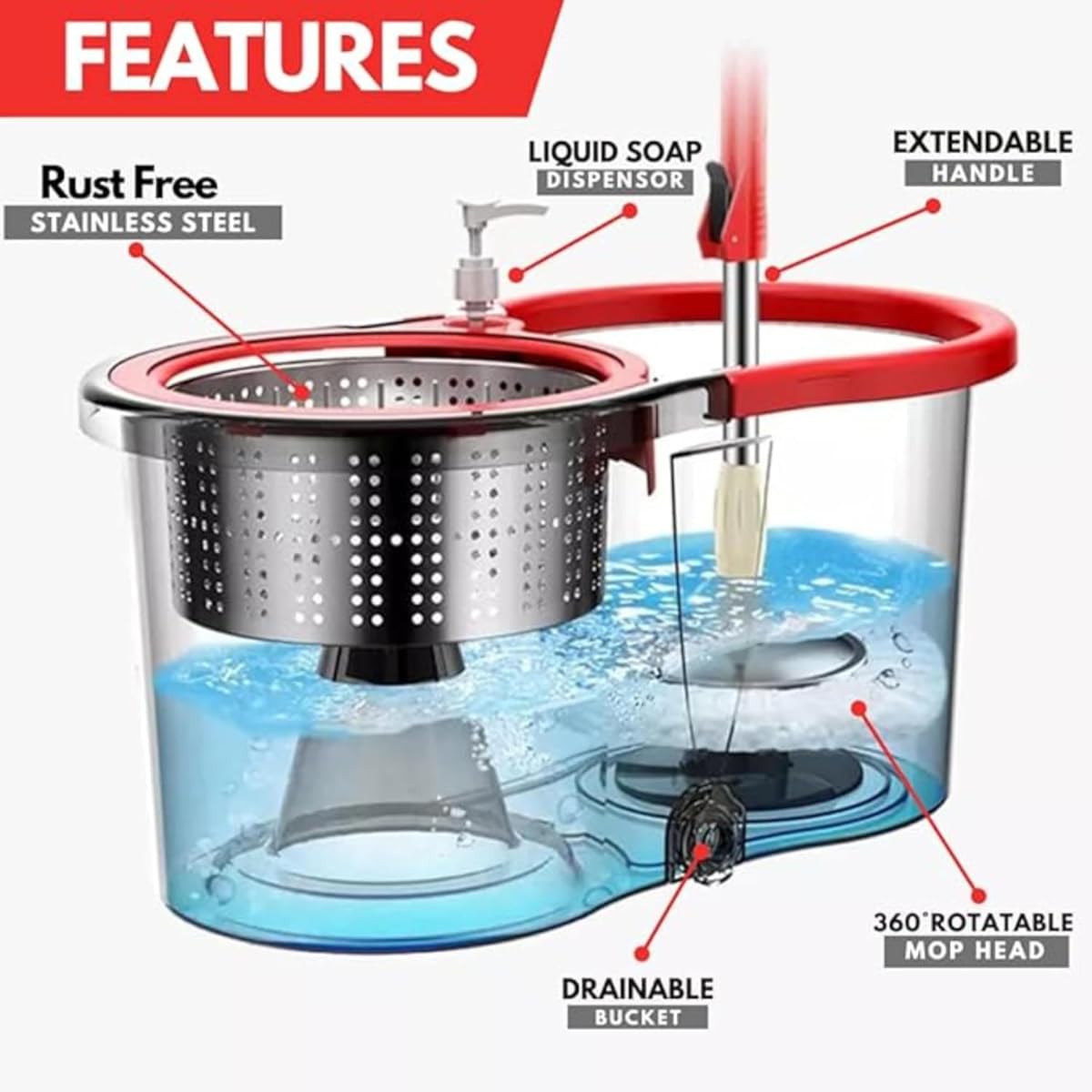 360 Degree Spin Mop Bucket Set with Stainless Steel Handle, 2 Microfiber Pads – Easy Clean for Hardwood, Tile, Marble Floors, Red - Image 7