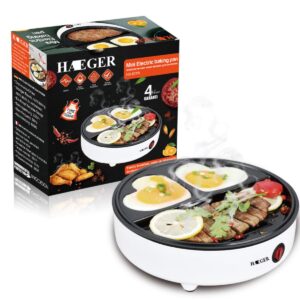 Haeger 600W Mini Electric Baking Pan/Portable Non-Stick Egg Fritter & Breakfast Maker, 3 Hole Heart Shape Grill, Smokeless Electric Egg Burger Sandwich Machine, Easy Clean & Energy Efficient