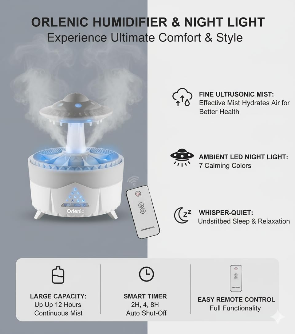 300ml Rain Cloud Humidifier Essential Oil Diffuser with Remote Control, 7 Color Night Light, Aroma Diffuser with Timer, Rain Sound Simulator for Relaxing Sleep, Bedroom, Office, Yoga, White - Image 6