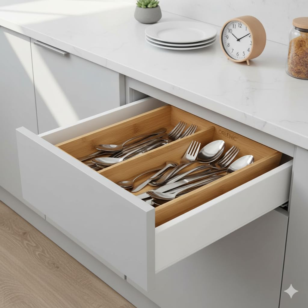 Bamboo Kitchen Drawer Tool Organizer – Rectangular Cutlery Tray for Utensils, Spoons, Forks & Tools | Natural Wooden Storage Box with Compartments for Home, Office & Desk Organization - Image 2