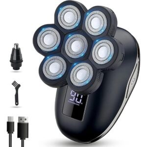 Electric Shaver for Men 5 in 1, Waterproof Bald Head Shaver with 7 Floating Heads, Nose & Ear Trimmer, LED Display, 90-Min Runtime, Upgraded Multifunctional Razor for Travel