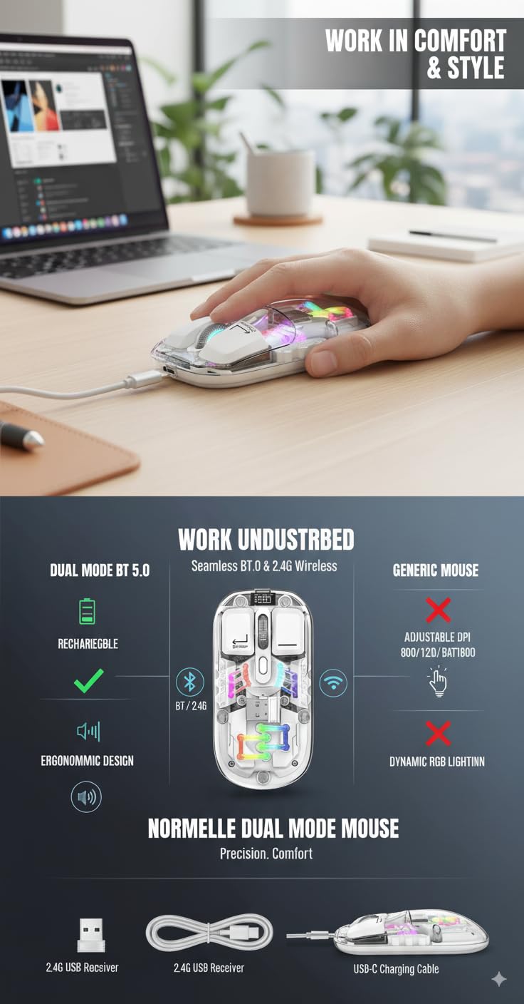 Wireless Gaming Mouse with RGB Lighting, 2.4G USB and Bluetooth Connectivity, Silent Clicks, Adjustable DPI, Rechargeable Battery, Transparent Shell, Magnetic Design - Image 5