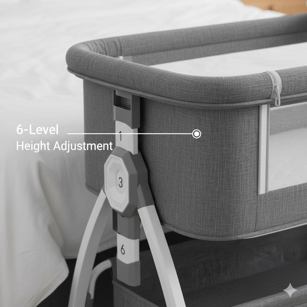 Baby Cot Bed Bassinet with Mattress and Mosquito Net | 3-in-1 Adjustable Bedside Co-Sleeper with 6-Height Settings, 360° Wheels & Storage Basket for 0-18 Months Babies Grey - Image 4