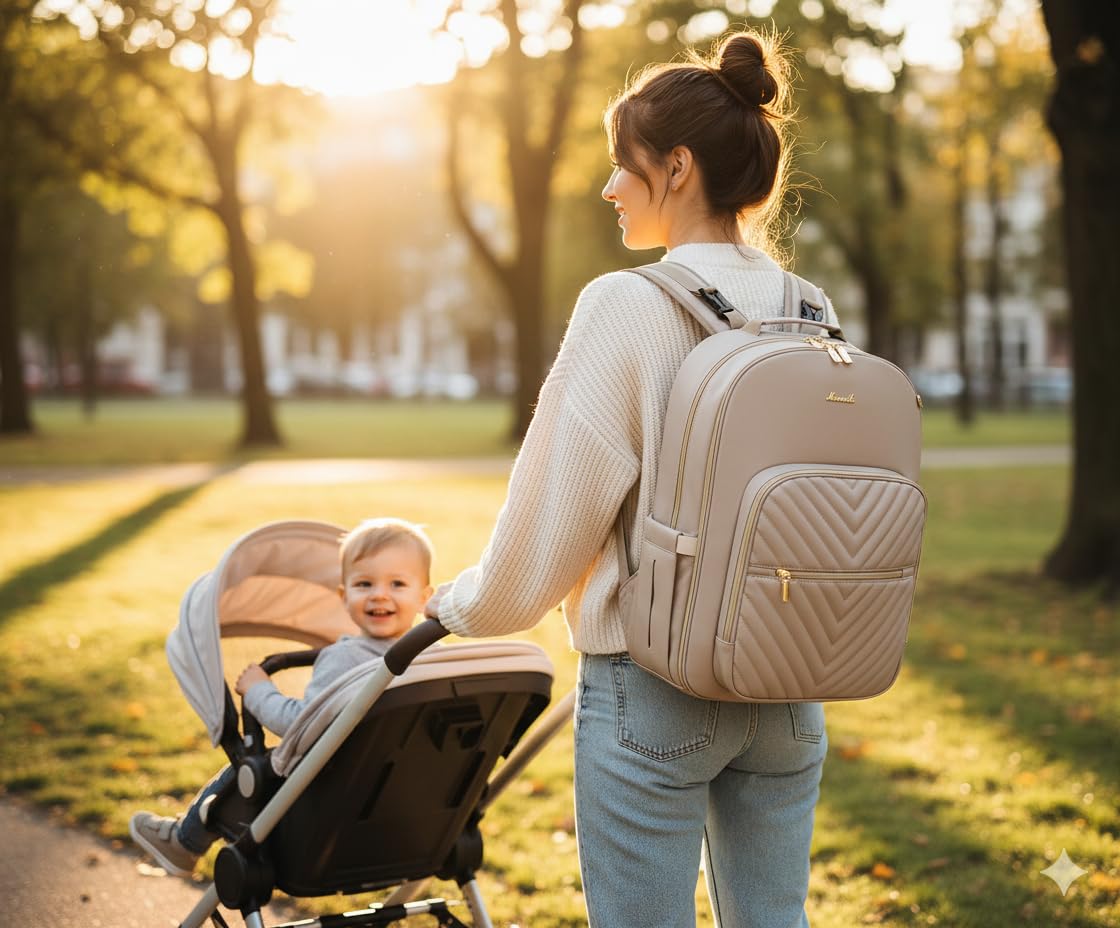 Quilted Diaper Bag Backpack with Changing Pad & Pacifier Holder, Large Baby Bag with USB Charging Port, 18 Pockets, Waterproof Travel Diaper Backpack for Moms and Dads – Antique White - Image 2
