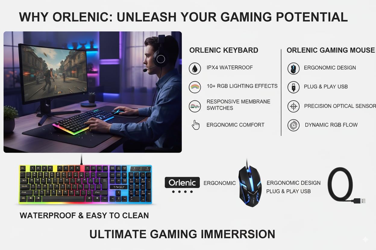 Wired Keyboard and Mouse Set with Rainbow Backlight, Spanish 104 Keys Gaming Office Combo, Mechanical Feel Floating Keycaps, USB Ergonomic Computer Keyboard Mouse for PC Desktop Laptop - Image 6