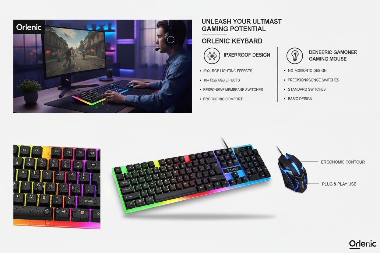 Wired Keyboard and Mouse Set with Rainbow Backlight, Spanish 104 Keys Gaming Office Combo, Mechanical Feel Floating Keycaps, USB Ergonomic Computer Keyboard Mouse for PC Desktop Laptop - Image 4