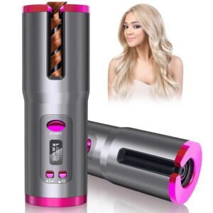 Cordless Hair Curler with Fast Heating Ceramic Barrel – Auto Rotating Curling Wand with Adjustable Temp LCD Display – USB Rechargeable Curling Iron for Travel, Office, or Home Use – Anti-Tangle Design