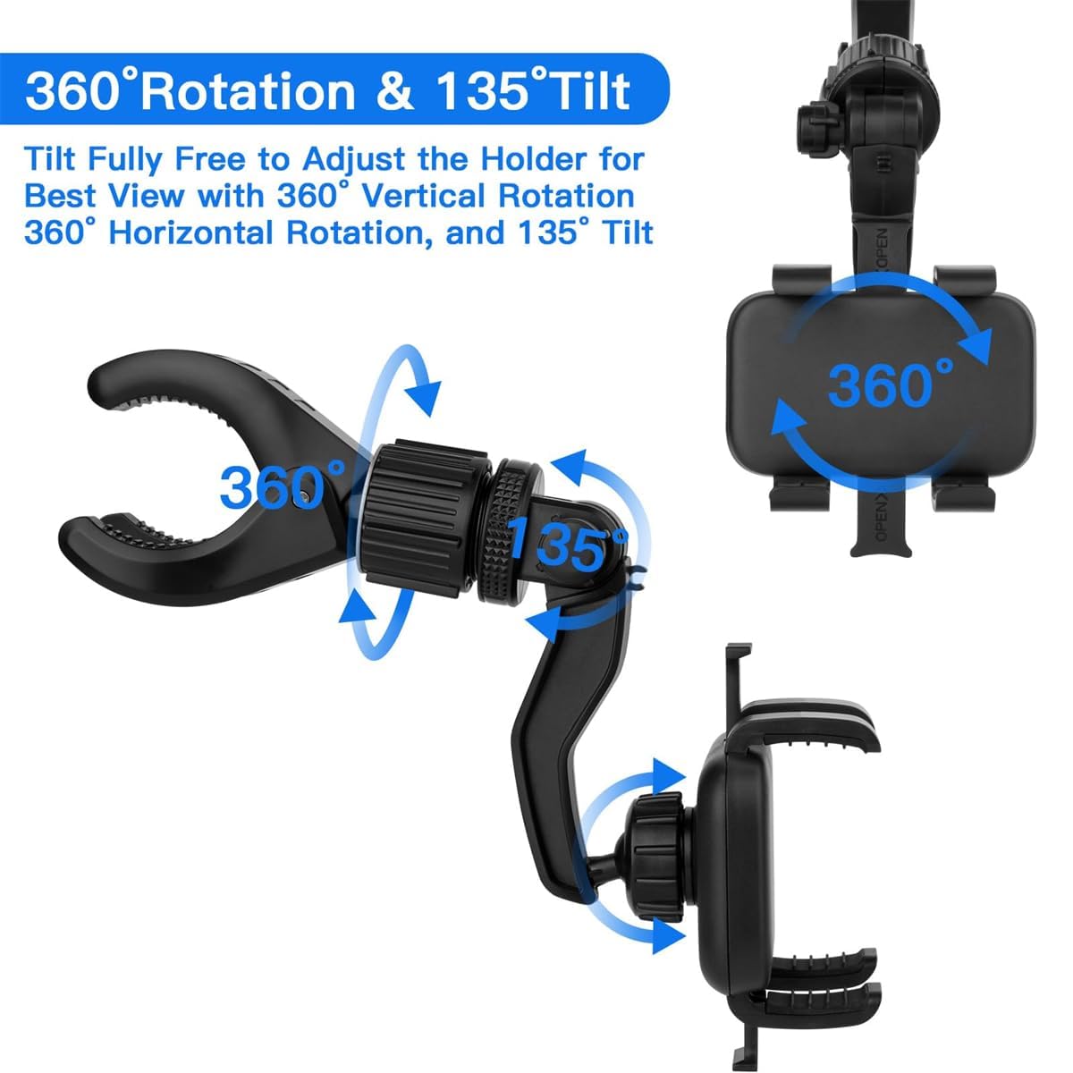 universal rearview mirror phone mount – 360° adjustable rotating car holder, four-point secure grip, hands-free driving support, strong ABS clamp for daily commuting, ride share, road trips - Image 2