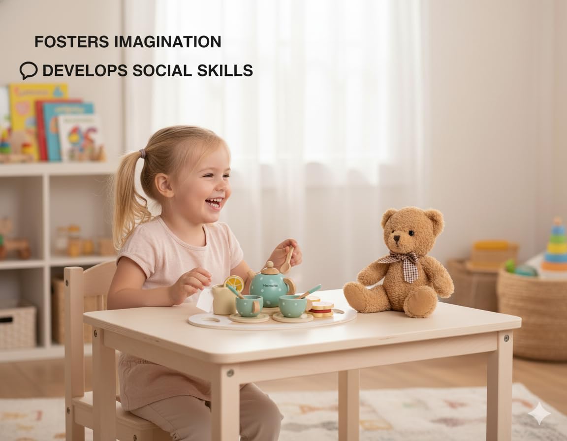 Wooden Tea Set Toy for Kids with Tray, Cups, Teapot, Milk Jug, Spoon, Cookie, Pretend Play Kitchen Accessories for Girls and Boys Ages 3-8, Afternoon Tea Party Set for Toddler Role Play - Image 3