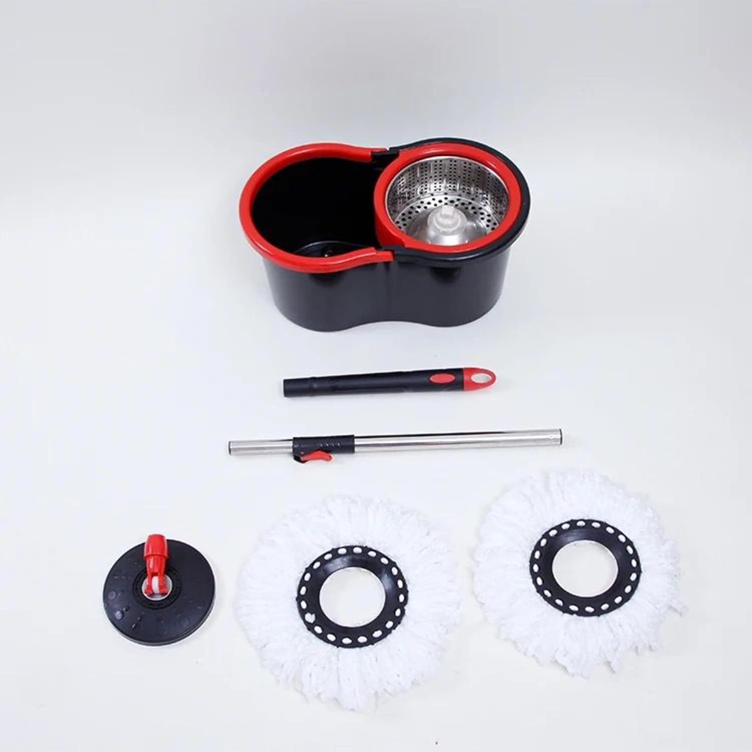 360 Degree Spin Mop Bucket Set with Stainless Steel Handle, 2 Microfiber Pads – Easy Clean for Hardwood, Tile, Marble Floors, Red - Image 3