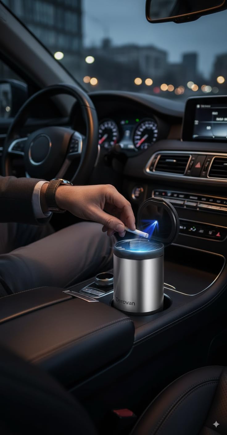 Portable Car Ashtray – Detachable Stainless Steel Mini Ash Tray with Lid & LED Blue Light, Smokeless & Windproof Design - Image 2