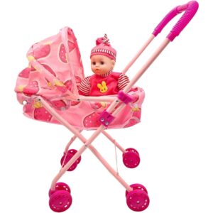Doll Stroller/Pink Foldable Toy Stroller with Baby Doll, Adjustable Canopy & Easy-Grip Handles for Kids' Playtime