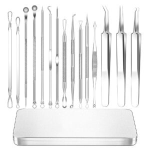 Blackhead Remover Tool Kit / 15-in-1 Stainless Steel Pimple Extractor, Acne Comedone Popper Set with Tweezers & Case for Face Cleaning & Blemish Treatment