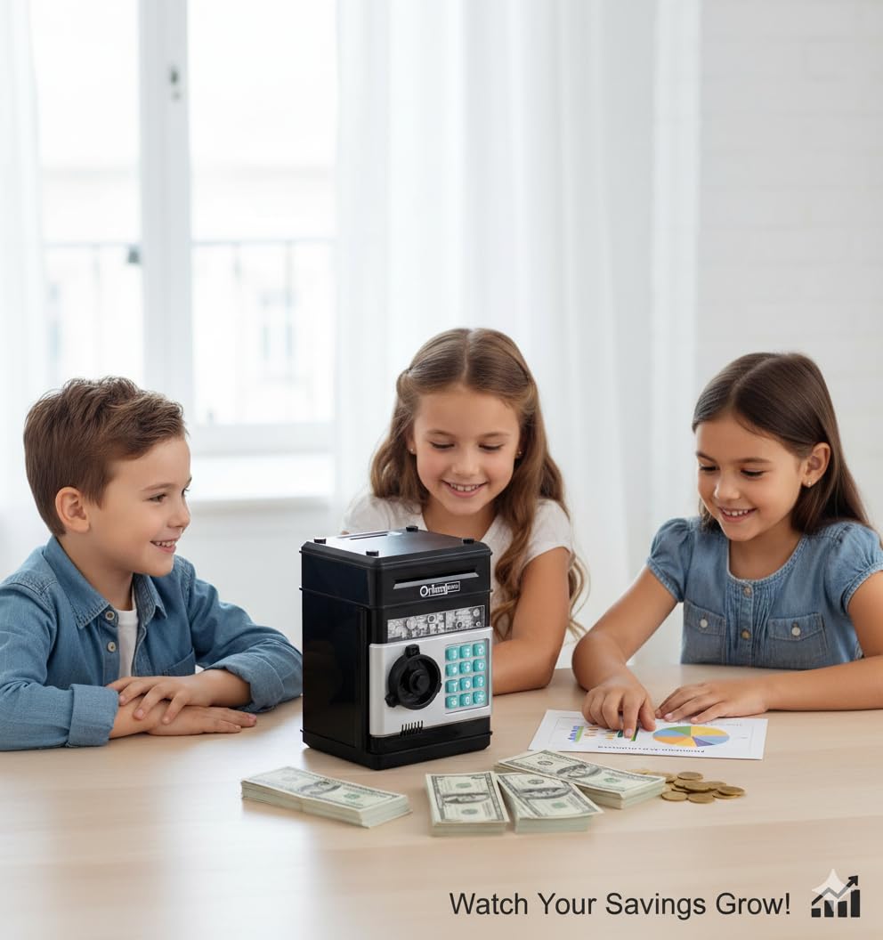 Kids Electronic Piggy Bank ATM for Boys Girls Age 3-12 – Password Protected Money Safe with Lights Sound – Mini Cash Coin Saving Box Toy with Auto Note Slot – Birthday Gift for Children Black - Image 4