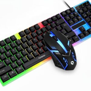 Wired Keyboard and Mouse Set with Rainbow Backlight, Spanish 104 Keys Gaming Office Combo, Mechanical Feel Floating Keycaps, USB Ergonomic Computer Keyboard Mouse for PC Desktop Laptop