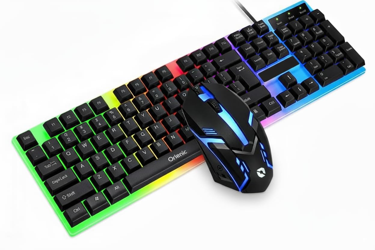 Wired Keyboard and Mouse Set with Rainbow Backlight, Spanish 104 Keys Gaming Office Combo, Mechanical Feel Floating Keycaps, USB Ergonomic Computer Keyboard Mouse for PC Desktop Laptop