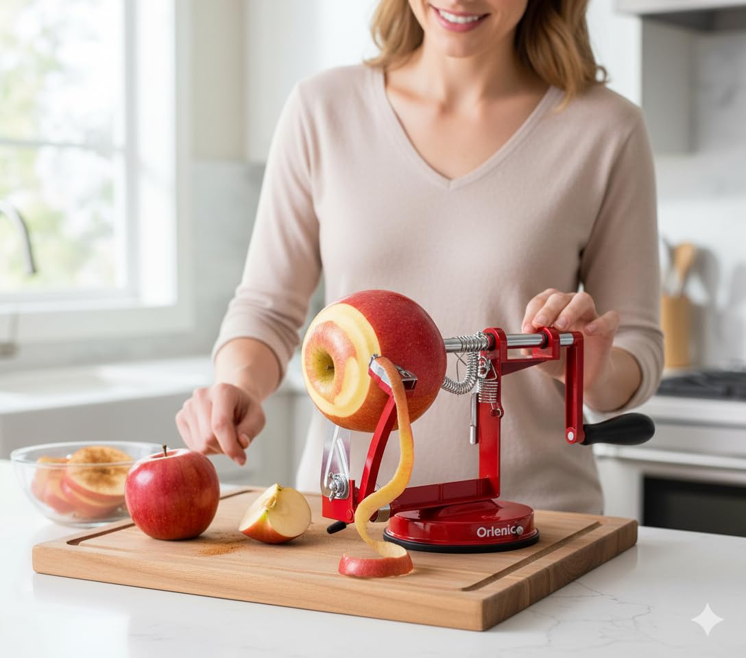 Apple Peeler Corer Slicer Machine with Suction Base – Heavy Duty Cast Iron Spiralizer with Stainless Steel Blades – Rotating Hand Crank Tool for Apples, Potatoes, Fruits, Vegetables – Red - Image 3