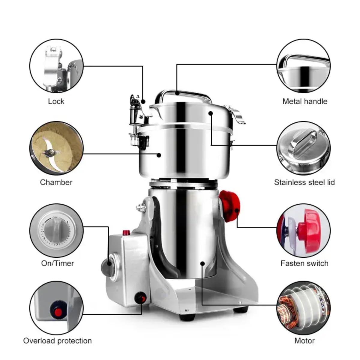High-Speed Electric Grain Mill Grinder - Stainless Steel Ultra-Fine Powder Machine for Home & Commercial Use - 3000W Spice, Coffee, and Cereal Mill with Extra Cleaning Brush - Image 6