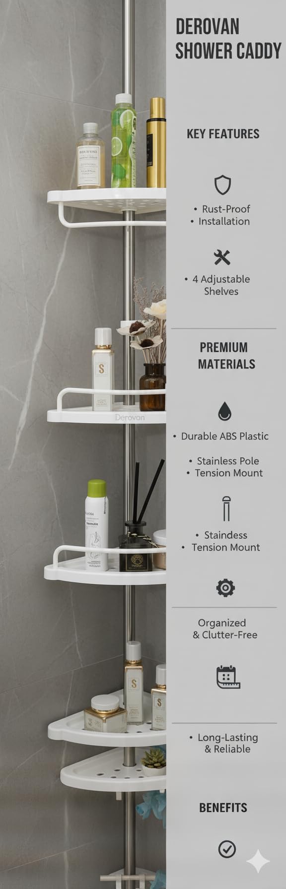 4‑Tier Tension‑Pole Corner Shower Caddy – Height‑Adjustable 150‑280 cm Rust‑Resistant 304 Stainless Organizer with Hooks & Drainable Shelves - Image 7