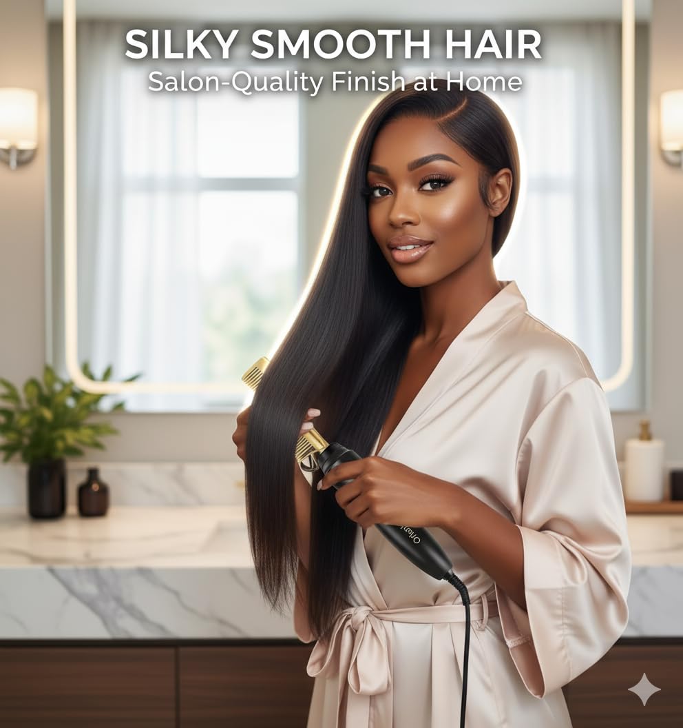 2 in 1 Hair Straightener and Curler Hot Comb, Wet and Dry Electric Styling Brush with Adjustable Temperature, Tourmaline Ceramic Heating, Dual Voltage, LCD Display, Auto Shut-Off, Gold - Image 4