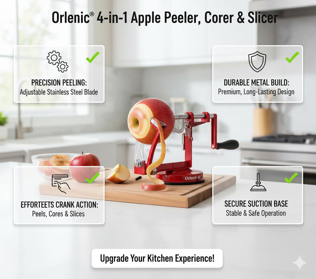 Apple Peeler Corer Slicer Machine with Suction Base – Heavy Duty Cast Iron Spiralizer with Stainless Steel Blades – Rotating Hand Crank Tool for Apples, Potatoes, Fruits, Vegetables – Red - Image 5
