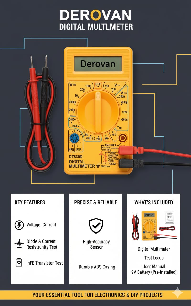 3½‑Digit 2000‑Count Digital Multimeter – LCD Display with Backlight, AC/DC 600 V & 10 A Measurement, Resistance/Continuity/Diode Test – Rugged Auto-Shutoff Float Switch Design - Image 7