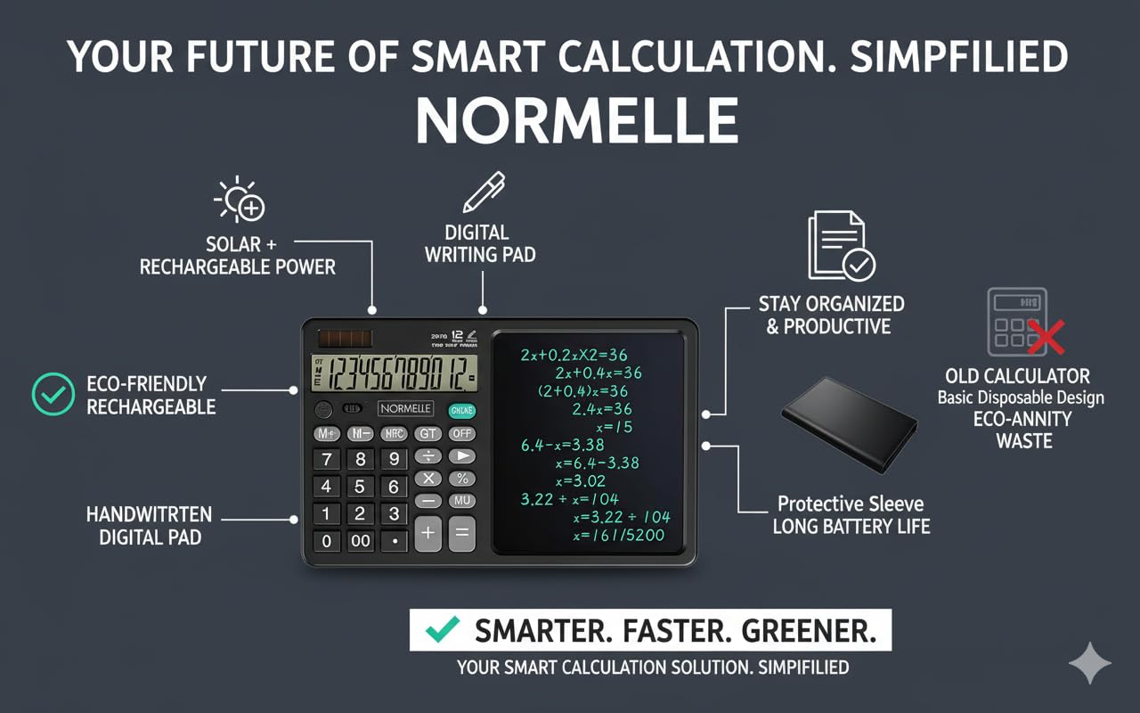 12-Digit Desktop Calculator with Writing Tablet – Solar & Battery Powered Standard Function Office Calculator with LCD Display & Erasable Notepad – Portable for Students, Home, School, Office - Image 7