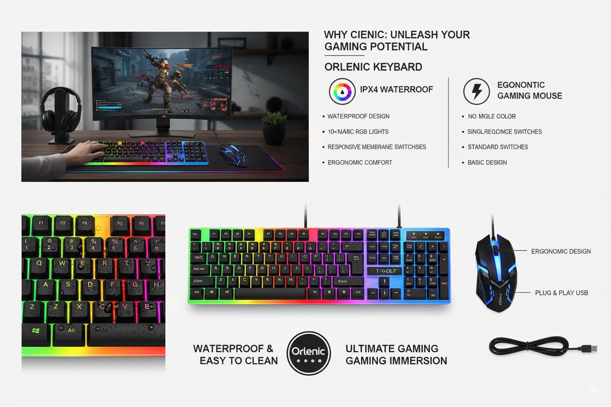 Wired Keyboard and Mouse Set with Rainbow Backlight, Spanish 104 Keys Gaming Office Combo, Mechanical Feel Floating Keycaps, USB Ergonomic Computer Keyboard Mouse for PC Desktop Laptop - Image 5