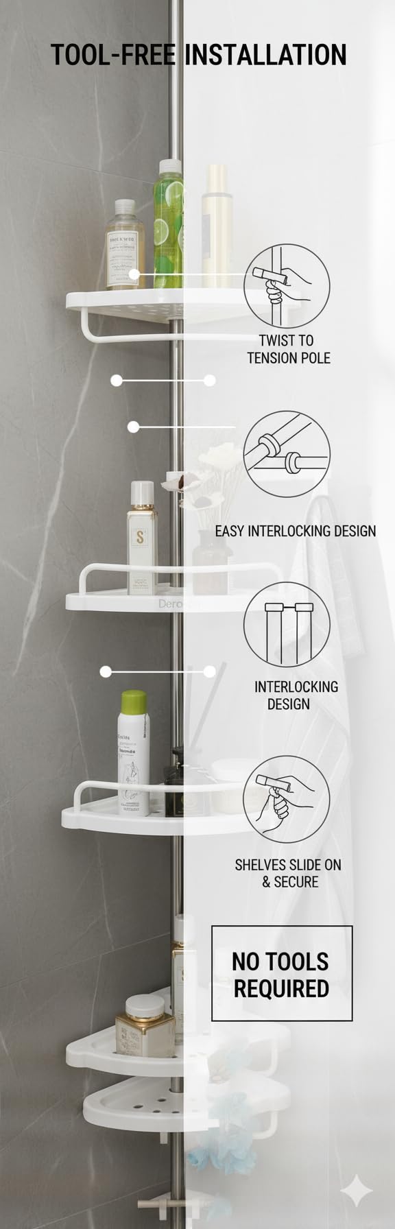 4‑Tier Tension‑Pole Corner Shower Caddy – Height‑Adjustable 150‑280 cm Rust‑Resistant 304 Stainless Organizer with Hooks & Drainable Shelves - Image 5