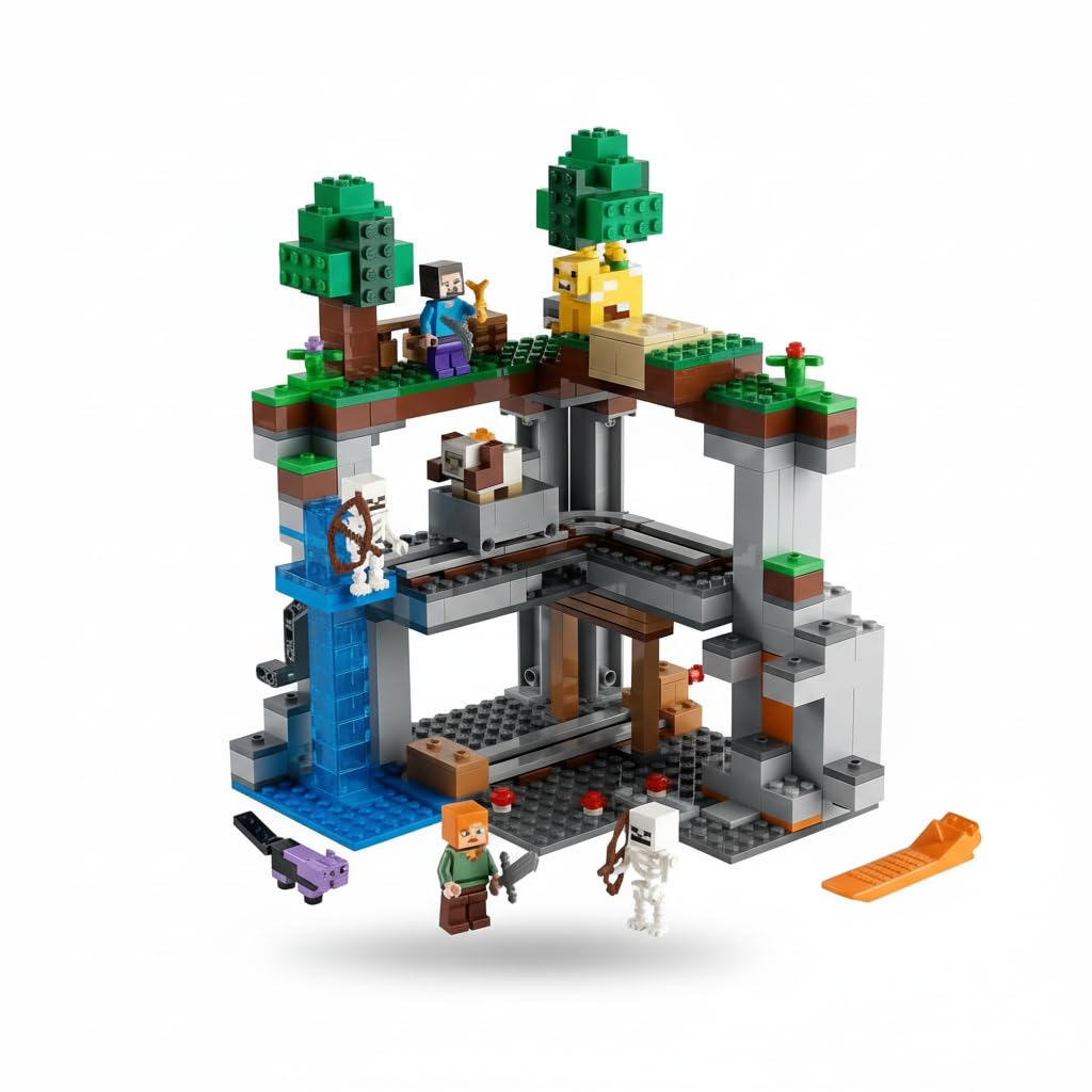 The First Adventure 21169 Building Kit, Creative Construction Set with Steve, Alex, Skeletons, Dyed Cat, Horned Sheep, Moobloom, Waterfall Elevator, Collapsible Rail Tracks, Sliding Earth Blo