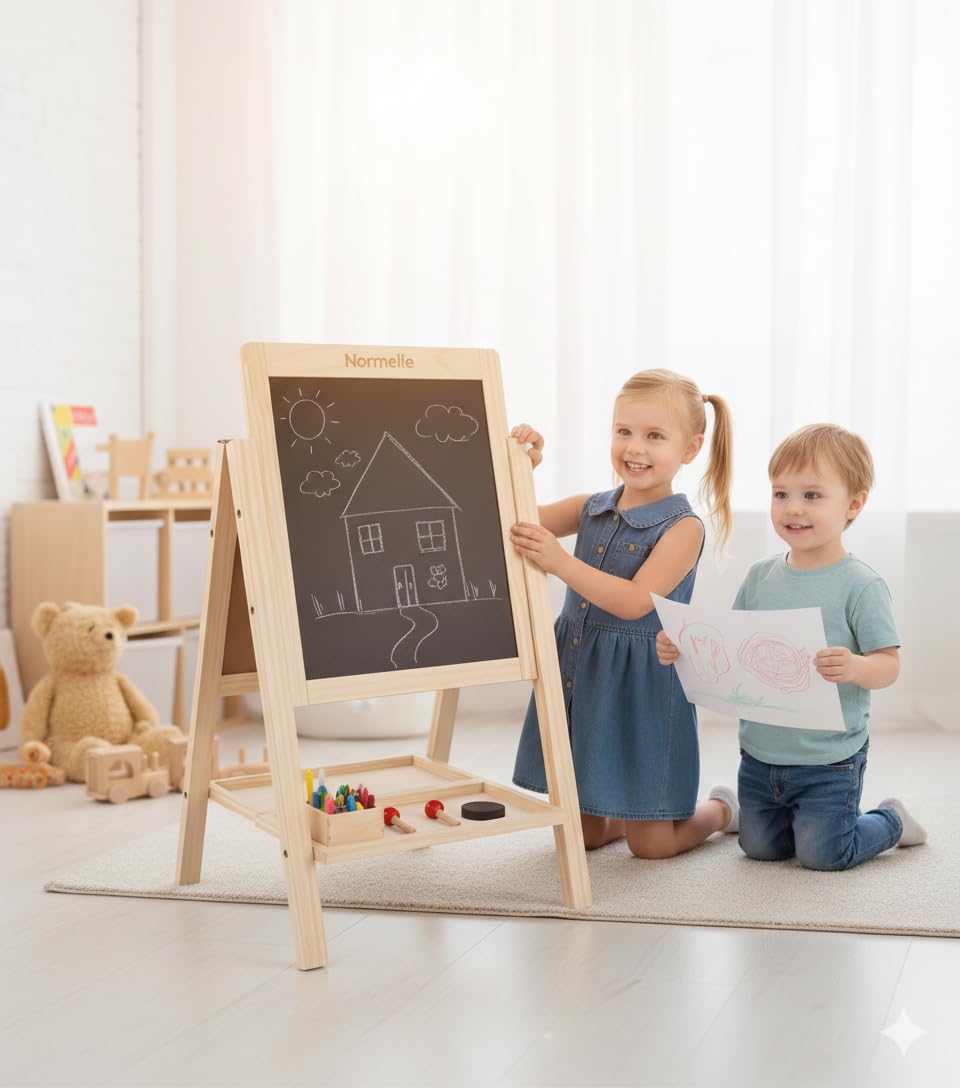 Foldable Wooden Easel Board for Kids | Double-Sided Blackboard & Whiteboard with Chalk, Marker, Eraser, Storage Tray | Adjustable Stand Art & Drawing Board for Toddlers 3+ Years - Image 2