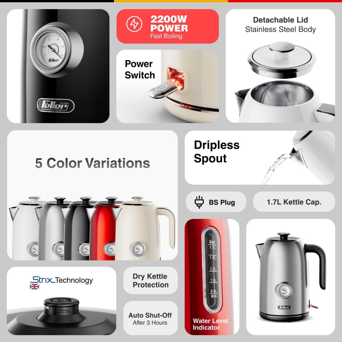 Electric Kettle with Thermometer/Stainless Steel, Fast Boiling, 1.7L, Retro Design, Auto Shut-Off, Cool-Touch Handle, Tea & Coffee Kettle - Image 7