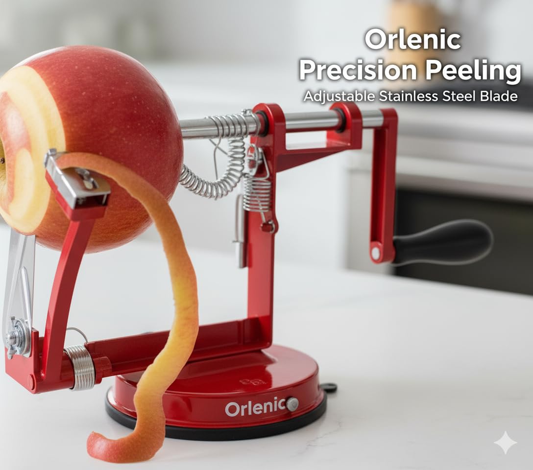 Apple Peeler Corer Slicer Machine with Suction Base – Heavy Duty Cast Iron Spiralizer with Stainless Steel Blades – Rotating Hand Crank Tool for Apples, Potatoes, Fruits, Vegetables – Red - Image 4