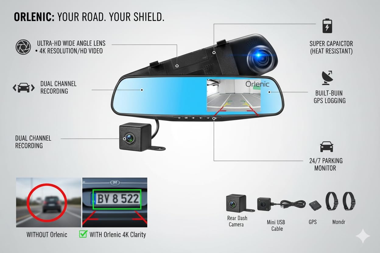 Dash Cam Mirror 1080P Full HD Front and Rear Dual Lens Car Driving Recorder, Wide-Angle Dashboard Camera DVR with G-Sensor, Loop Recording, Parking Surveillance, Motion Detection (Black) - Image 5