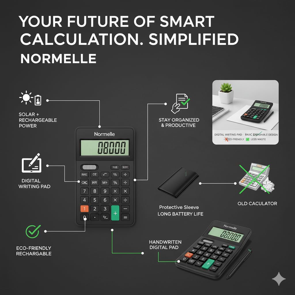 12-Digit Desktop Calculator with Writing Tablet – Solar & Battery Powered Standard Function Office Calculator with LCD Display & Erasable Notepad – Portable for Students, Home, School, Office - Image 5