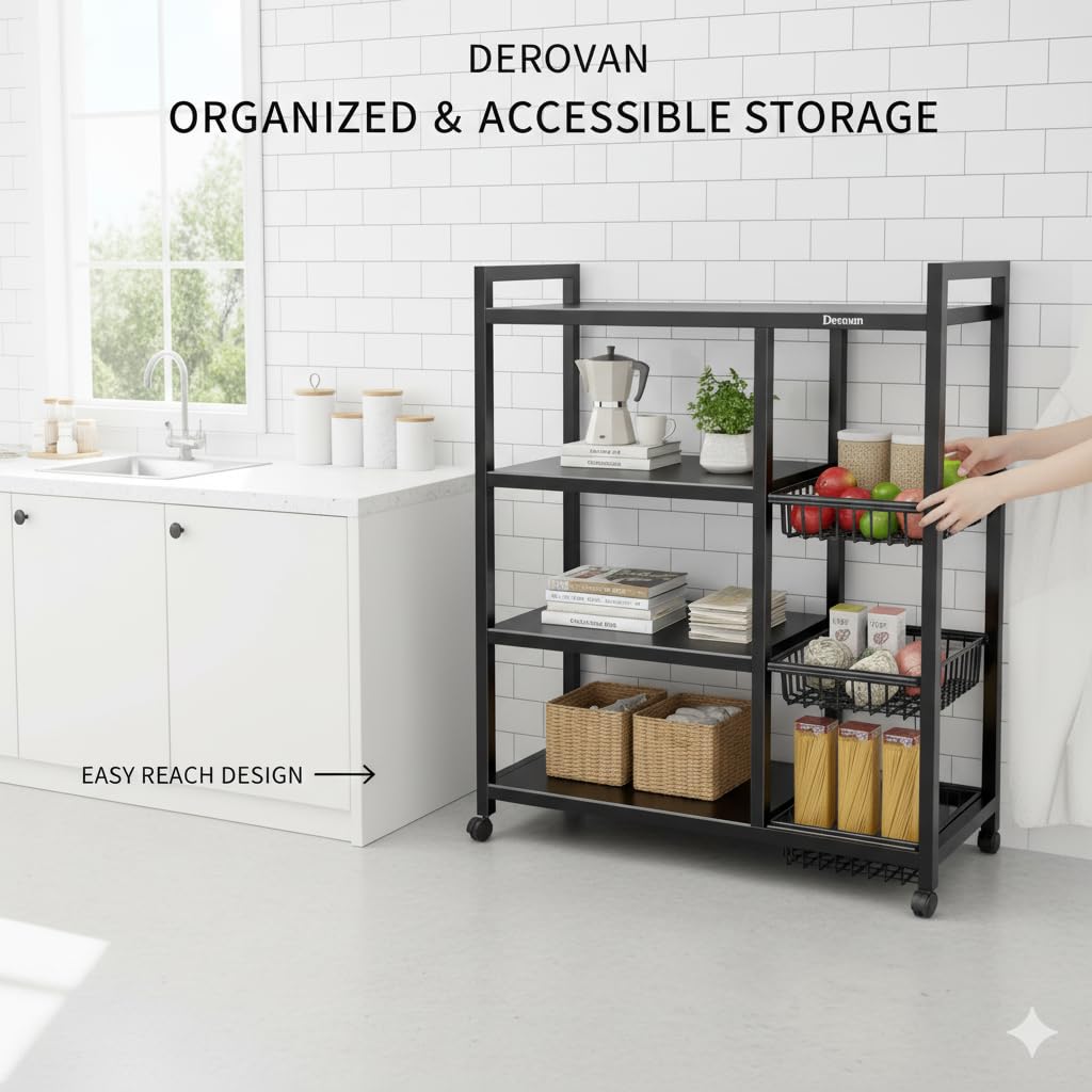 4‑Tier Heavy‑Duty Metal Shelf Rack with Slide‑Out Baskets & Lockable Wheels – Adjustable Shelving for Kitchen, Living Room, Garage - Image 4