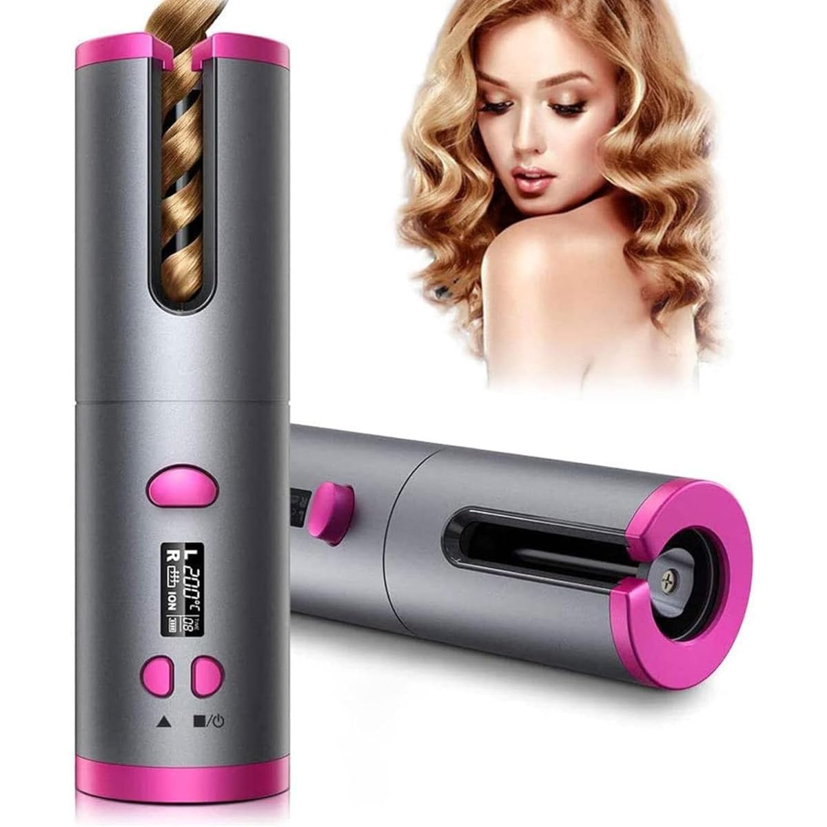 Unbound Cordless Auto Rotating Ceramic Hair Curler, USB Rechargeable, LED Display, 6 Temperature Settings, Anti-Tangle, Portable Hair Curler, Easy Use, Gray