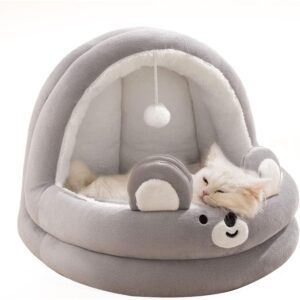 Cat Bed Cave - Soft Plush Enclosed Pet House with Cushion & Hanging Toy for Small Cats & Kittens