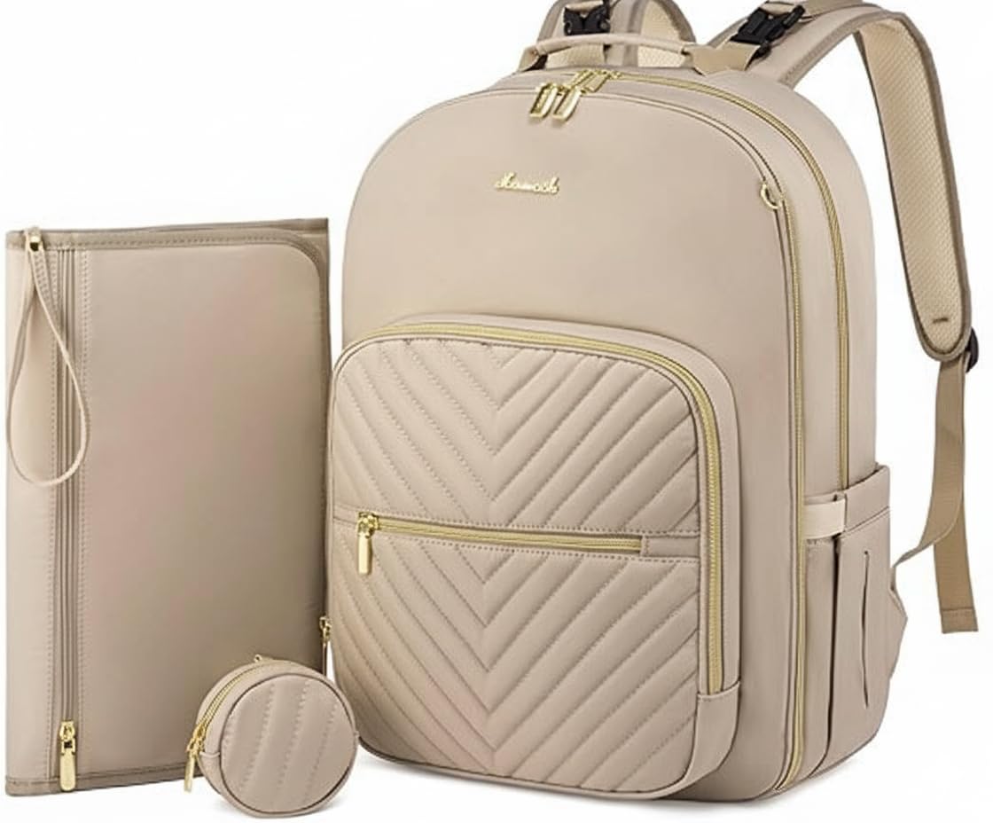 Quilted Diaper Bag Backpack with Changing Pad & Pacifier Holder, Large Baby Bag with USB Charging Port, 18 Pockets, Waterproof Travel Diaper Backpack for Moms and Dads – Antique White