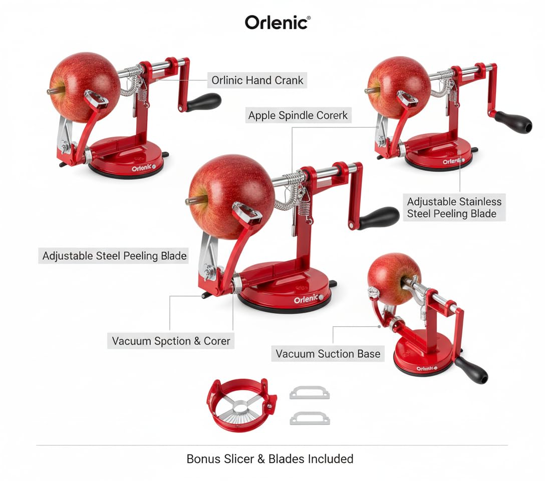 Apple Peeler Corer Slicer Machine with Suction Base – Heavy Duty Cast Iron Spiralizer with Stainless Steel Blades – Rotating Hand Crank Tool for Apples, Potatoes, Fruits, Vegetables – Red - Image 6