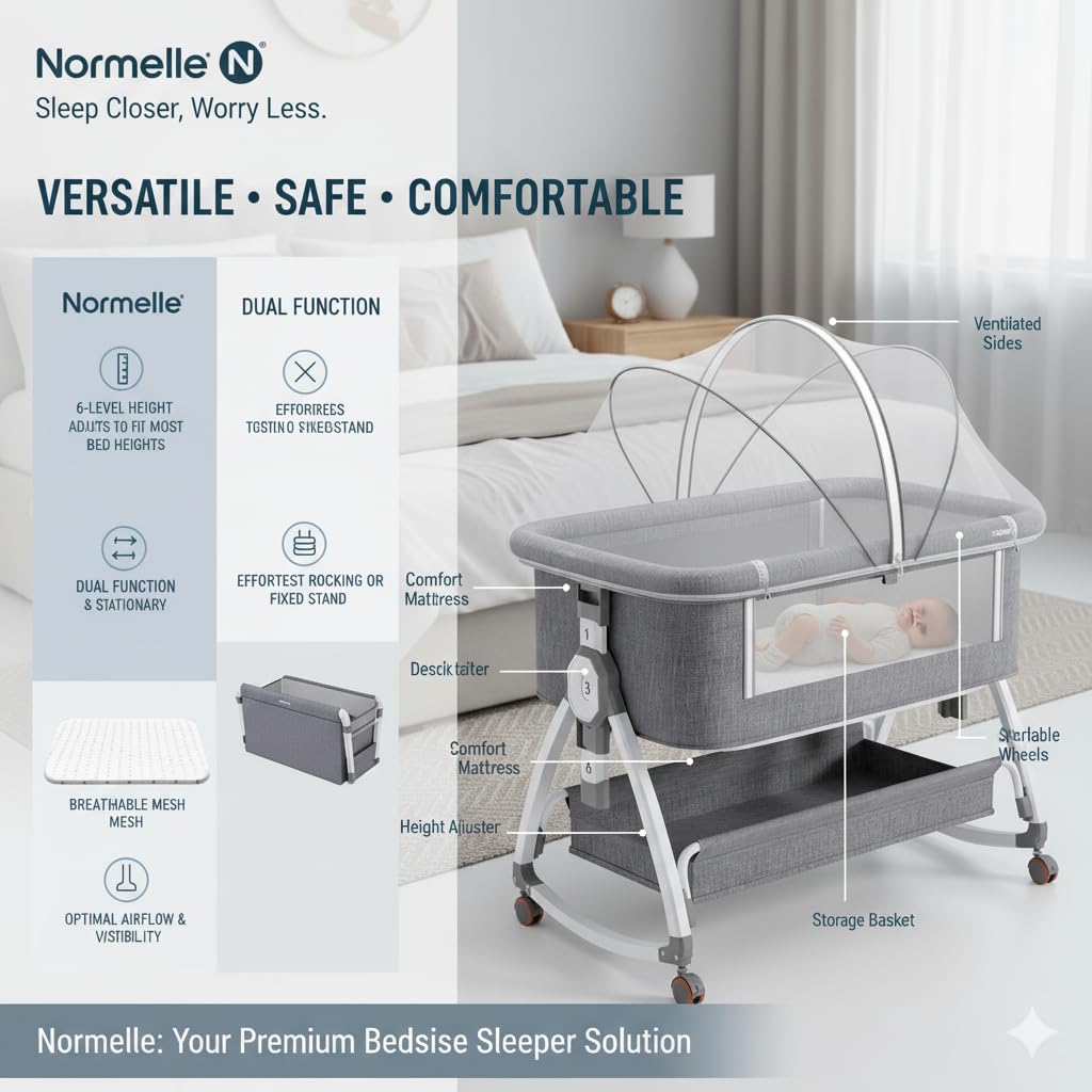 Baby Cot Bed Bassinet with Mattress and Mosquito Net | 3-in-1 Adjustable Bedside Co-Sleeper with 6-Height Settings, 360° Wheels & Storage Basket for 0-18 Months Babies Grey - Image 5