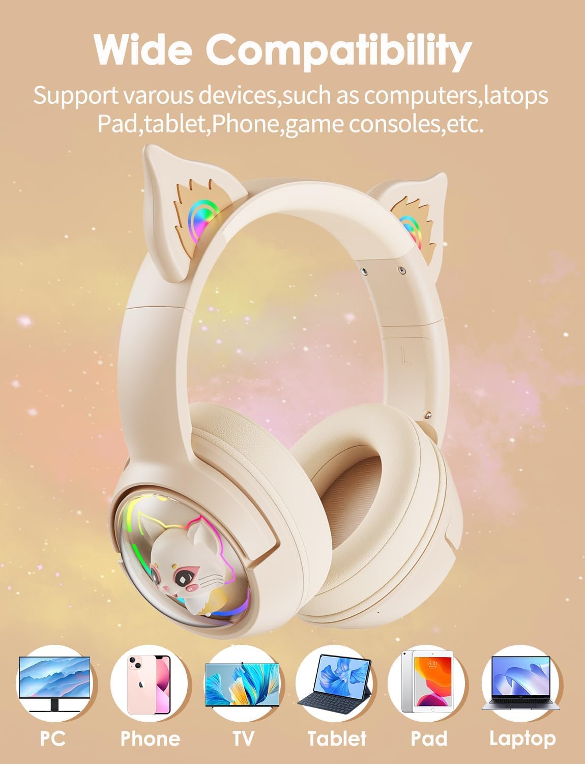 Cat Ear RGB Bluetooth 5.3 Headphones – Cute Over-Ear Wireless & Wired Design, 60-Hour Playtime, Hi-Fi Stereo, Noise-Cancelling Mic - Image 5