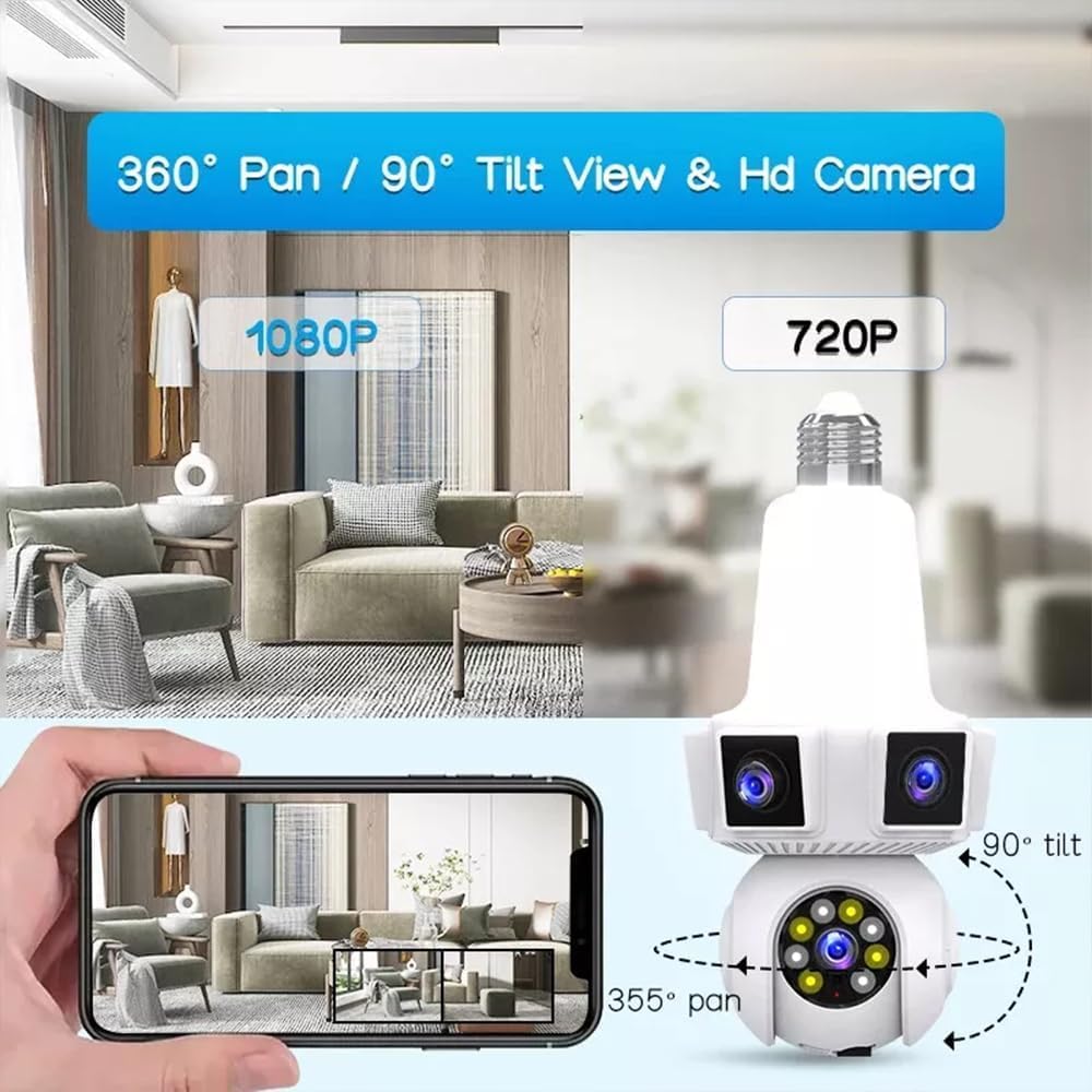 6MP Triple-Lens Wi-Fi Light Bulb Camera – 360° Panoramic Coverage, E27 Plug-In, Two-Way Audio, Color Night Vision, Motion Tracking with Audible Alarm, TF/Cloud Storage - Image 6